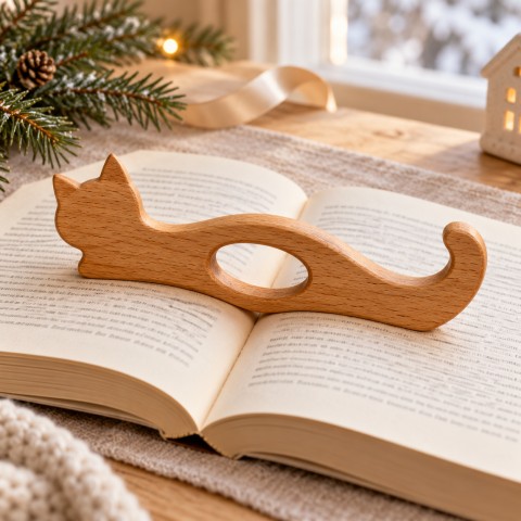 Bague de lecture en bois en forme de chat, illustration du chantournage