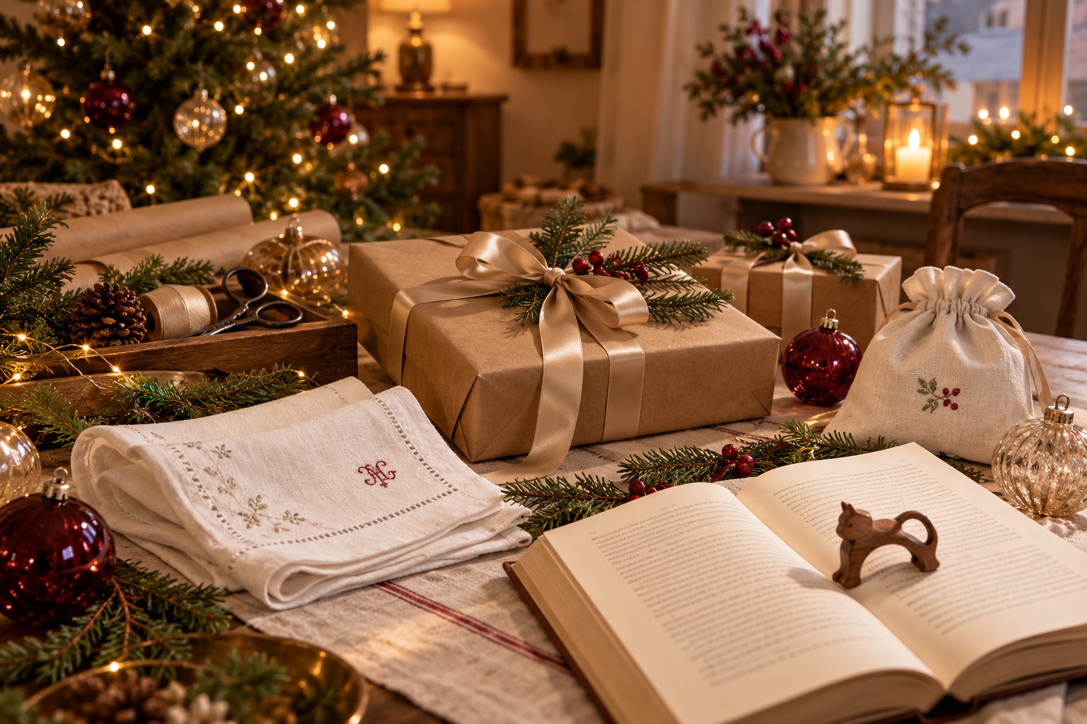 Une table de cadeaux faits main, bois naturel, broderies et branches de sapin dans une douce lumière de Noël